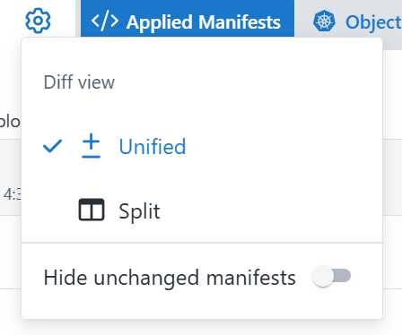A screenshot of the Kubernetes Applied Manifests diffs menu
